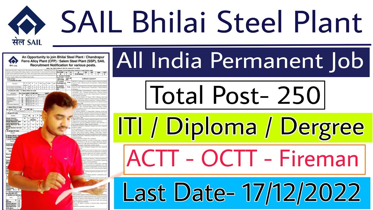 SAIL Bhilai Recruitment 2022 |  Recrutare Uzina Steel Bhilai 2022 |  Post vacant Uzina Oțelului Salem 2022
