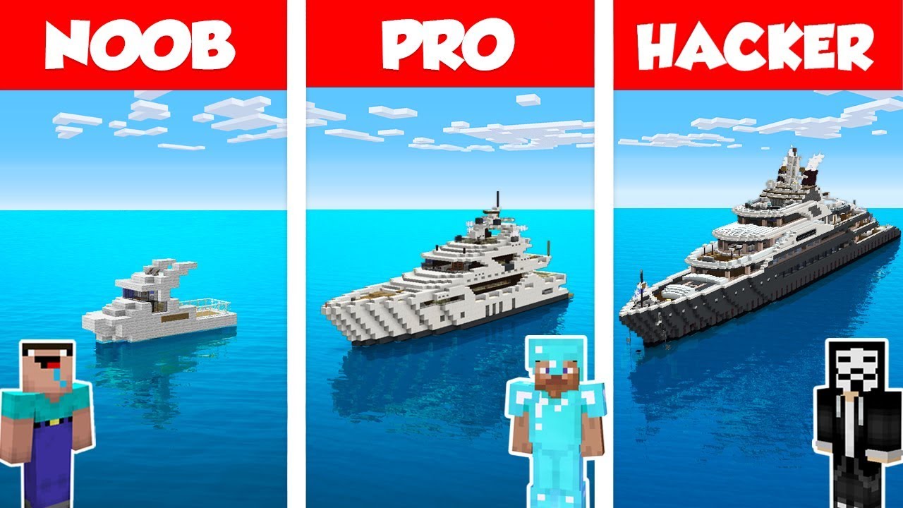 Minecraft NOOB vs PRO vs HACKER: PROVOCAREA MODERNĂ DE CONSTRUIRE A CASEI DE YACHT în Minecraft / Animație