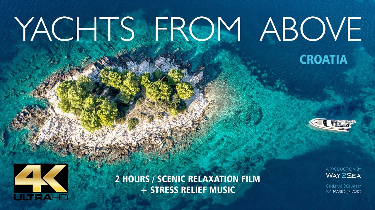 Film de dronă 4K peisaj de pe litoral relaxant |  Coasta croată Plaje Insule Navigație + Muzică ambientală