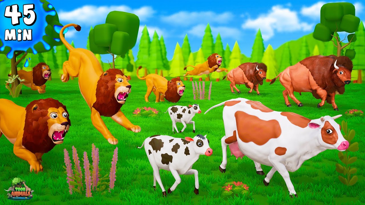 Animale sălbatice atacă o compilație de animale de fermă - leu, vulpe, tigru, vaci, zimbri, oaie, capră, elefant