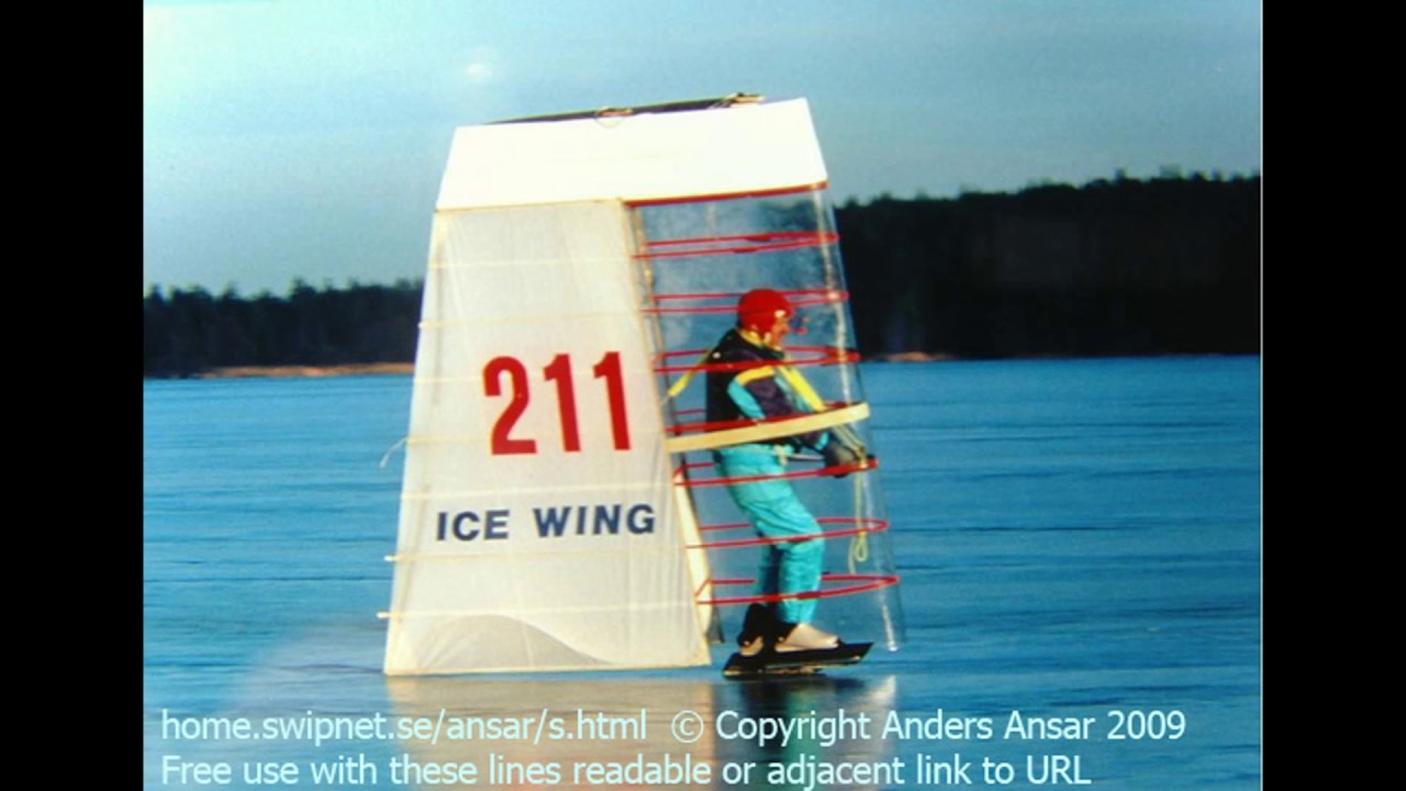 „Aripă de gheață” Sail-in-Wing skatesail.  Viteza maximă 70 mph, 110 km/h.  Conduce marinar de zmeu.  Navigă pe o singură patină