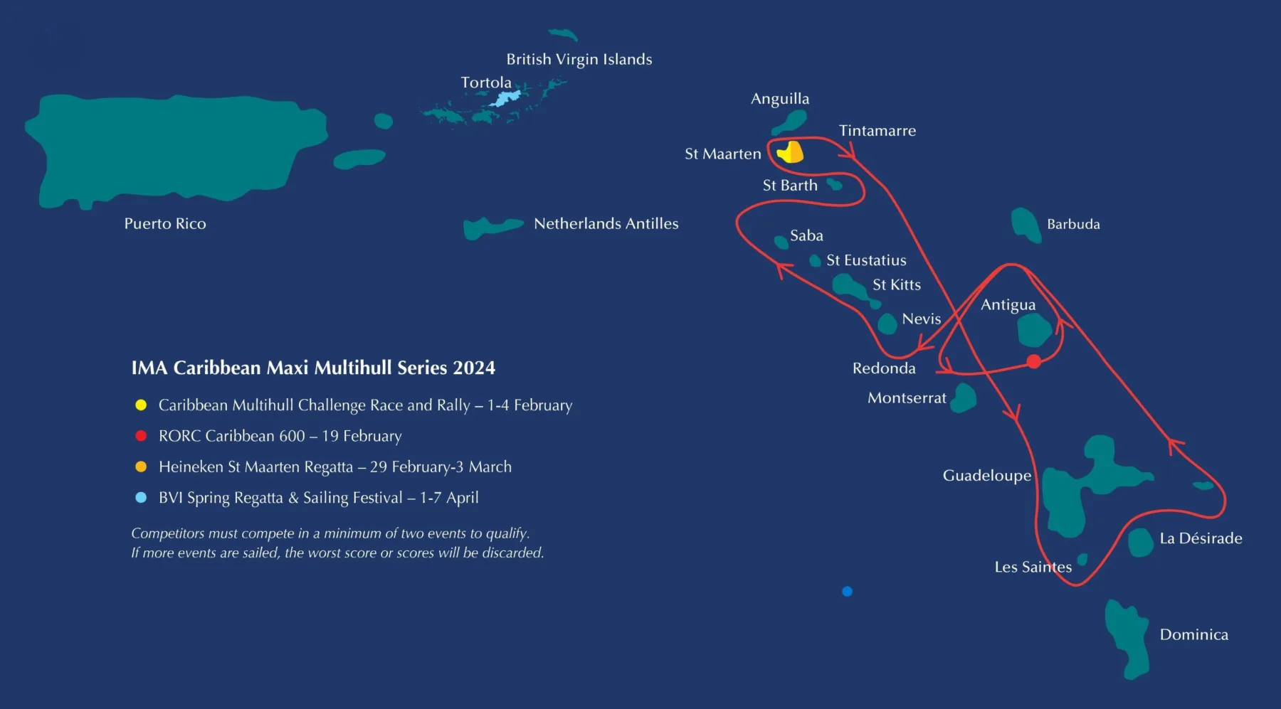 Regata de primăvară din BVI din 2024 este a patra și ultima etapă din seria inaugurală a International Maxi Association Caribbean Maxi Multihull Series.