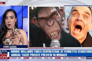 Robbie Williams este în centrul atenției la avanpremiera privată anuală a iahtului cu stea a lui Ferretti din Monaco