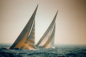 AUSTRALIA II leads LIBERTY up the last windward leg in the sixth race of the 1983 America