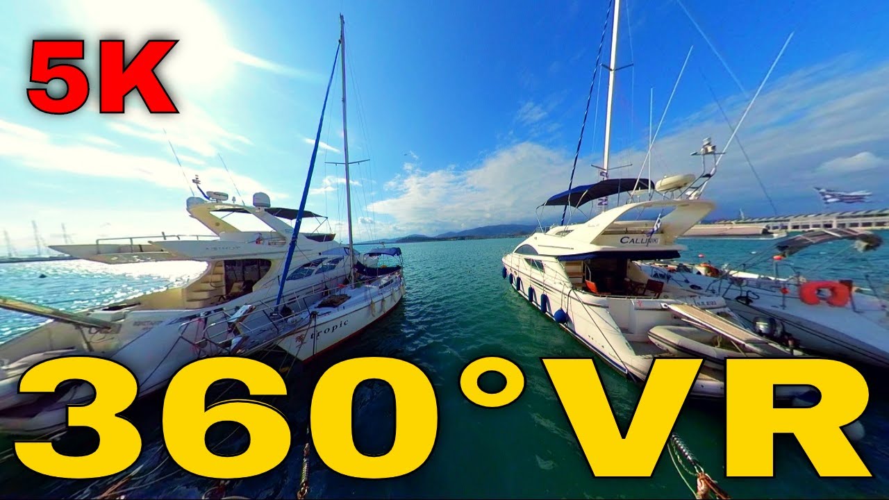 360 ° VR Volos Port Port Grecia Walking Tour Travel Vlog Visit Yachts Harbour 5k 3d Virtual Reality HD 4K