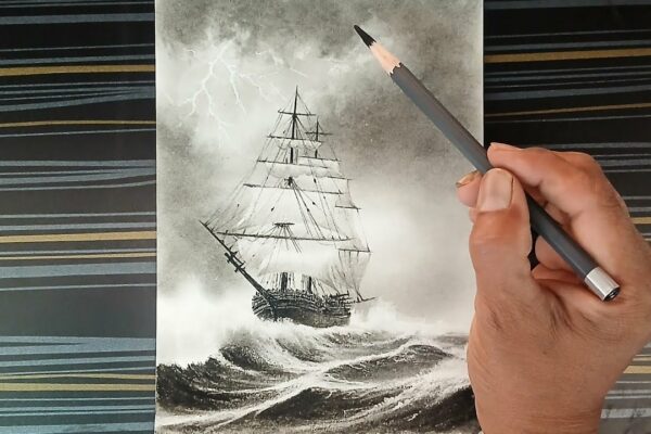 Cum să desenezi un peisaj oceanic al unei nave care navighează pe valurile oceanului.