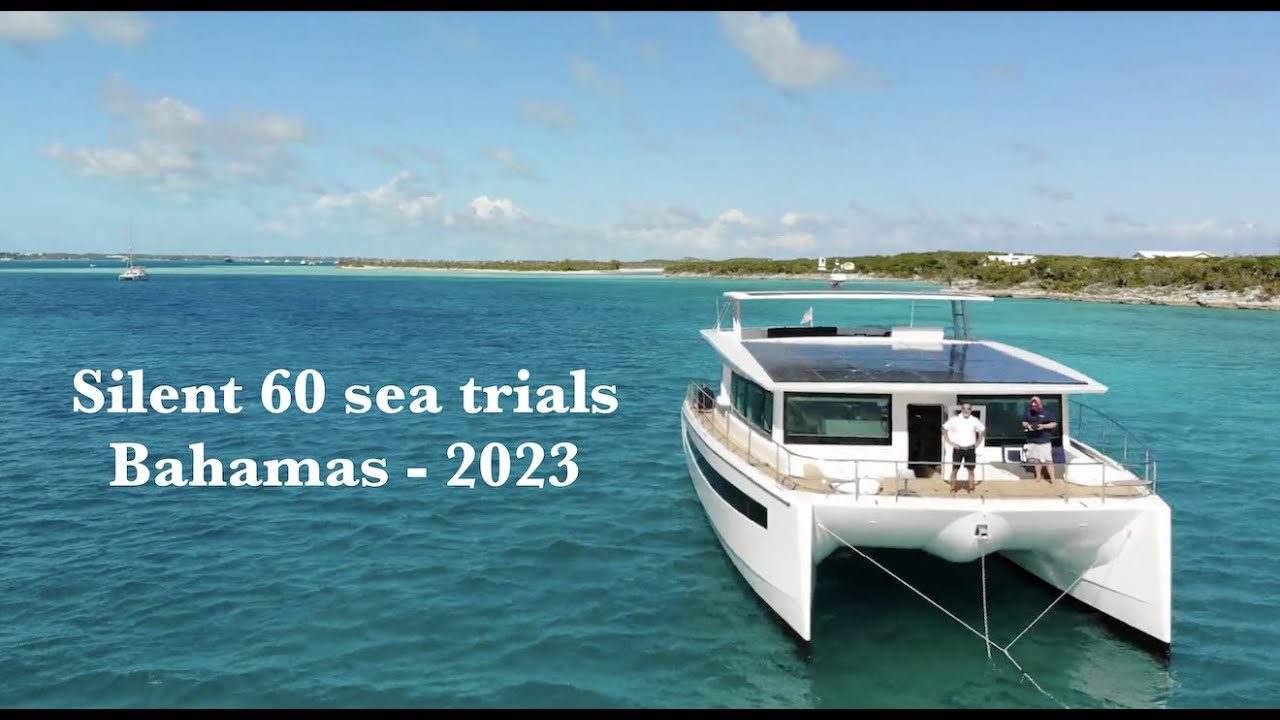 Yachts silențioase, catamaran electric solar de 60 '. Procesele pe mare Bahamas.