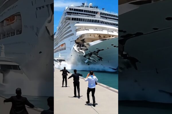 Yacht zgârie nava de croazieră în timp ce te -ai agățat în port