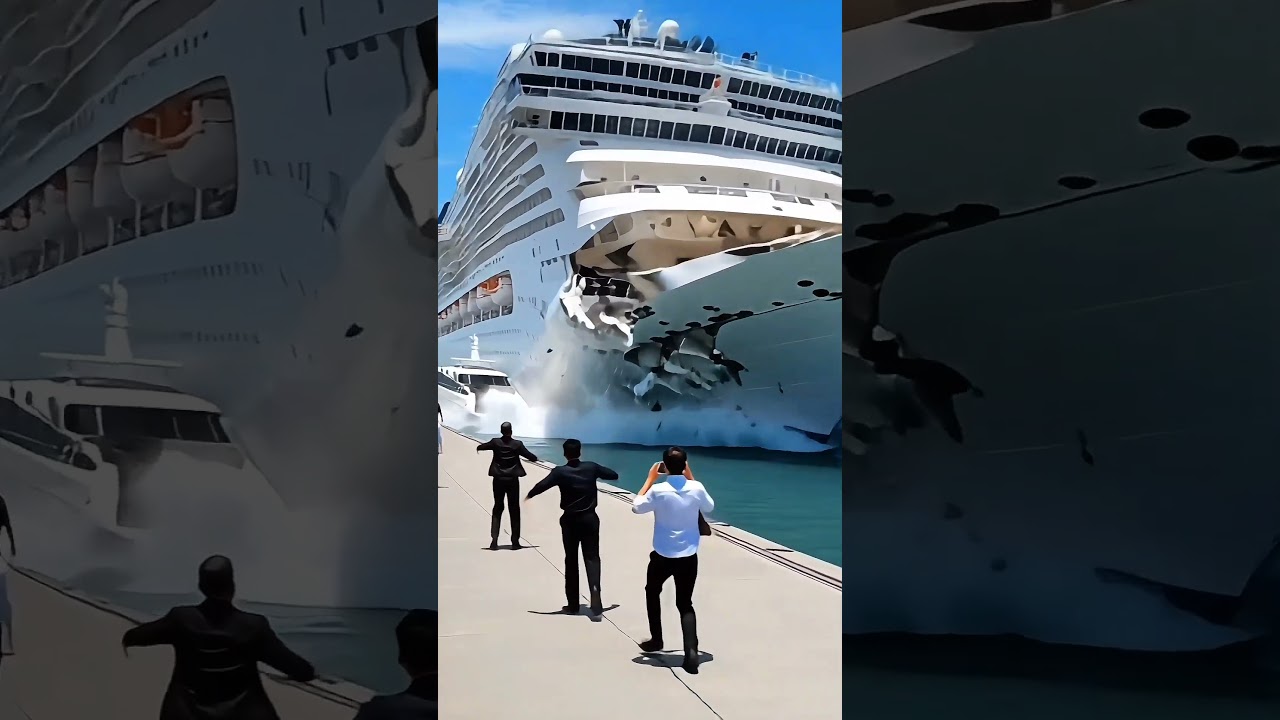 Yacht zgârie nava de croazieră în timp ce te -ai agățat în port
