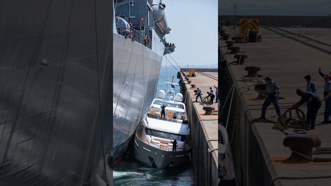 Nava militară a zdrobit un iaht împotriva digului - și nici nu a observat!