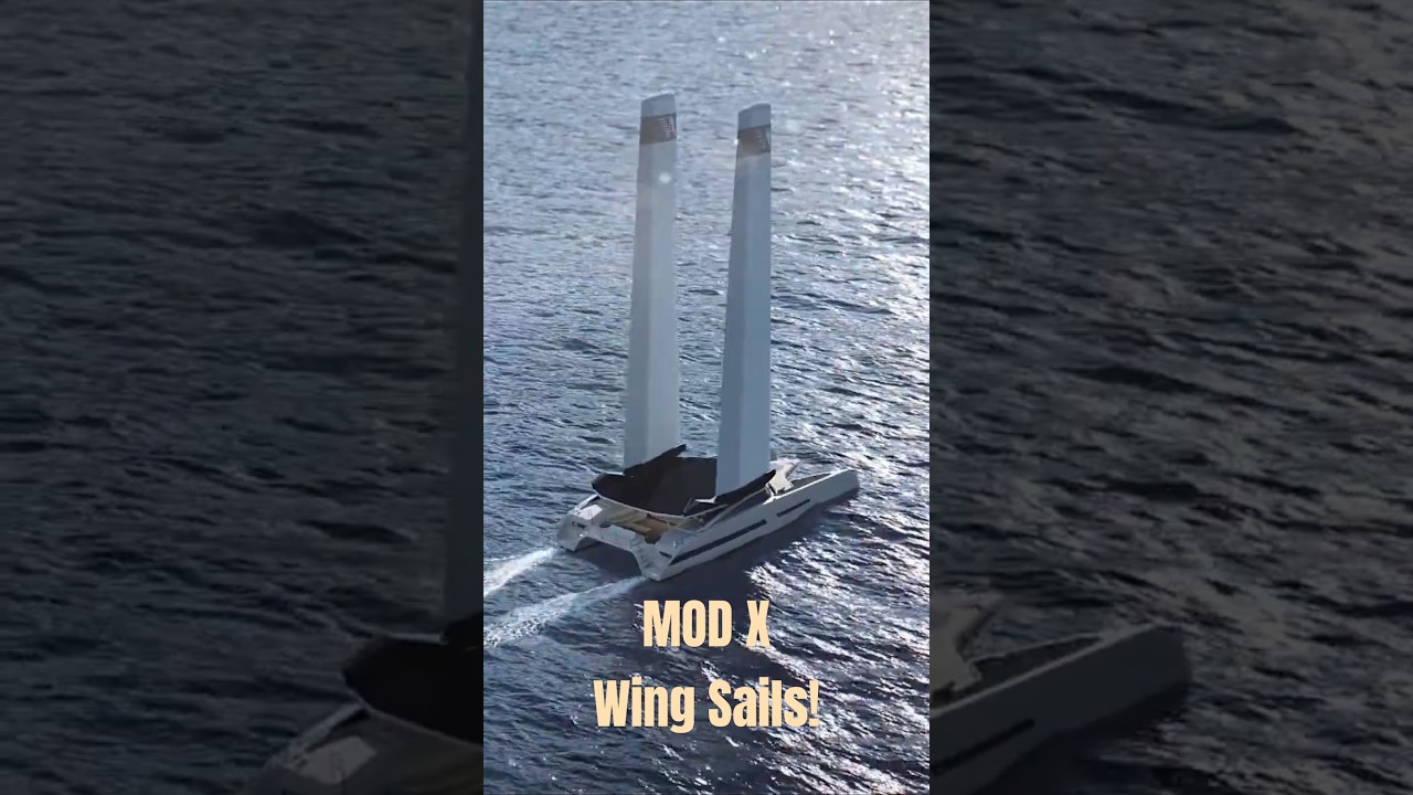 Mod X Catamaran cu pânze de aripi umflate. Superyacht de navigare eco de lux.