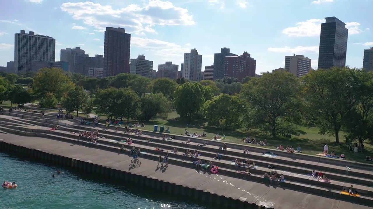 Chicago Lake Michigan Drone Concrete Beach Chicago Yacht Club & Aids Garden Swimming #lakemichigan