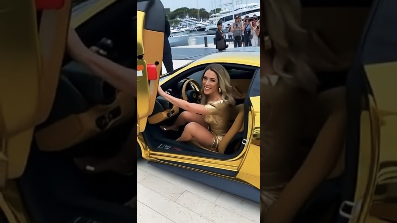 LADY IN FERRARI GOLD - Monaco Yacht Club - #ferrari #gold #monaco #yacht #luxury #supercars #shorts